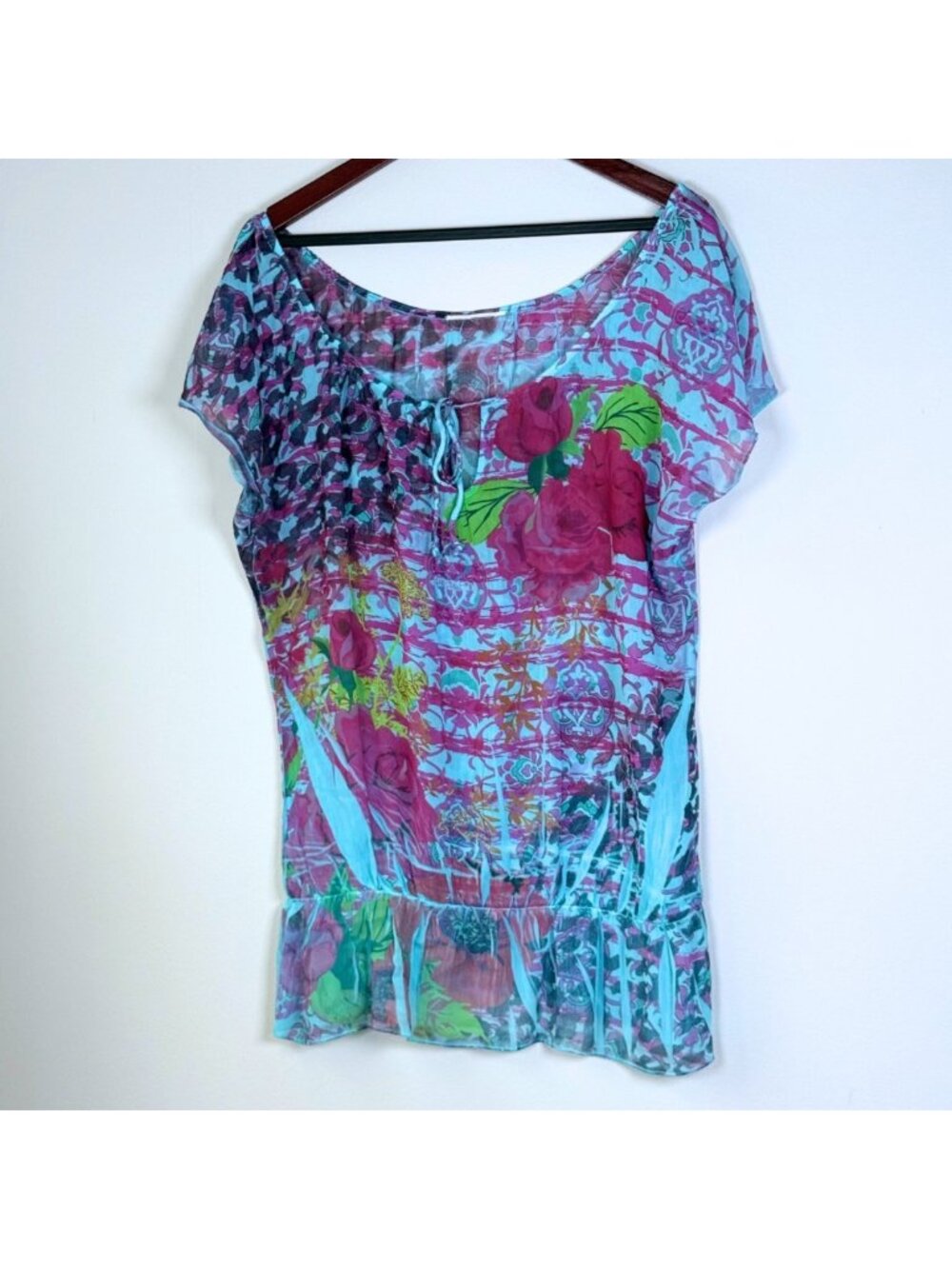 Vintage Y2K Rocker Girl Sheer Floral Tunic Top Keyhole Retro Gyaru Boho Fairy - Picture 7 of 9